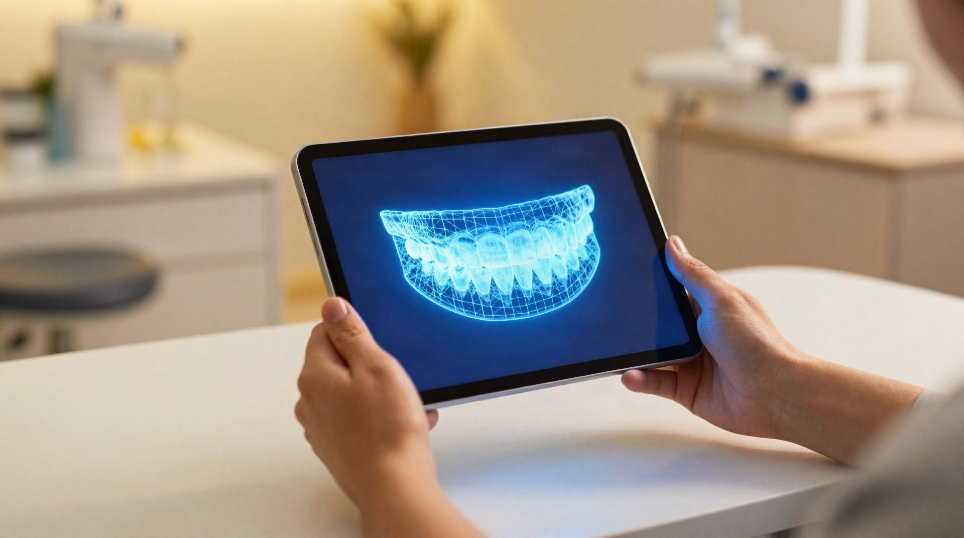 Руки пациента держат планшет с 3D моделью будущей улыбки на консультации у стоматолога